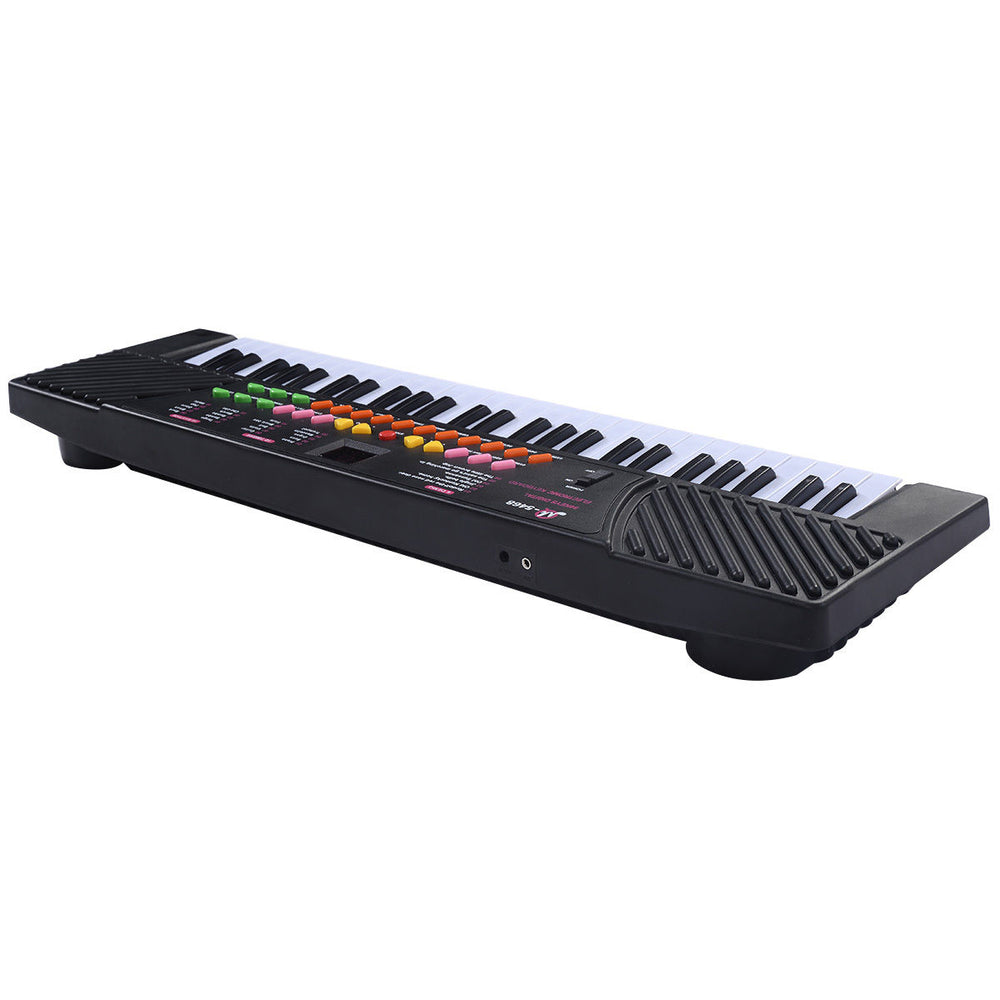 54-key kids electronic music piano in black with LED display, recording functions, and microphone for learning and fun.