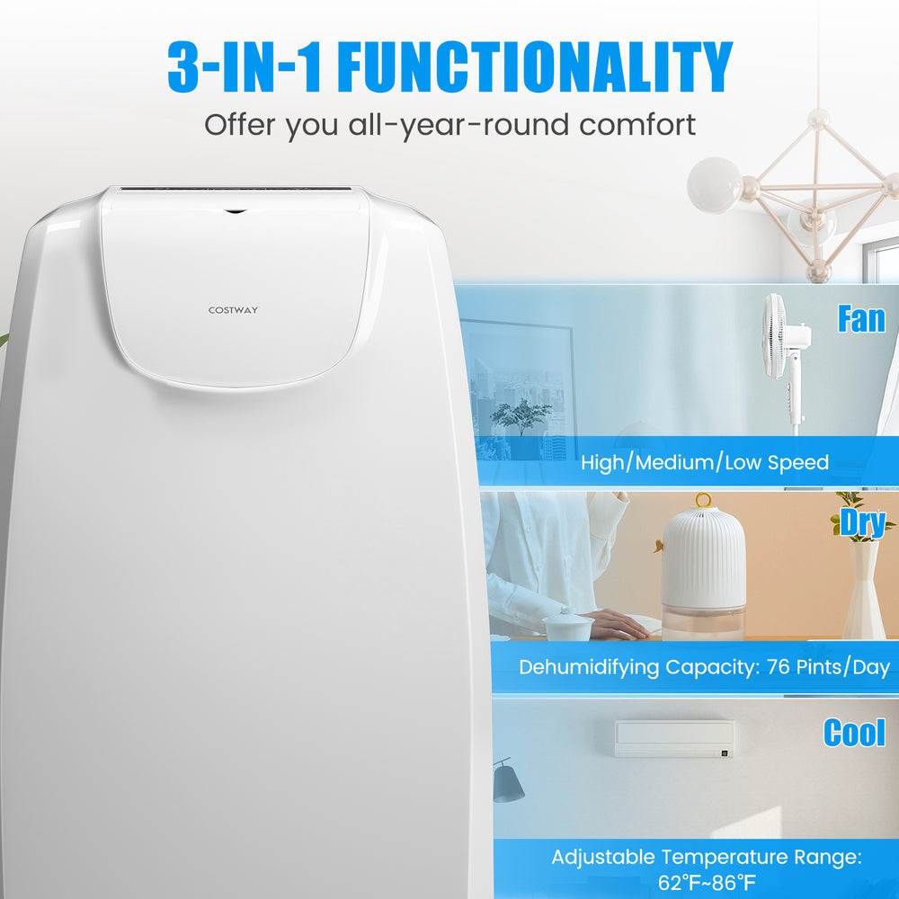 Portable air conditioner with remote control, 12,000 BTU, 3-in-1 functionality for cooling, drying, and fan modes.