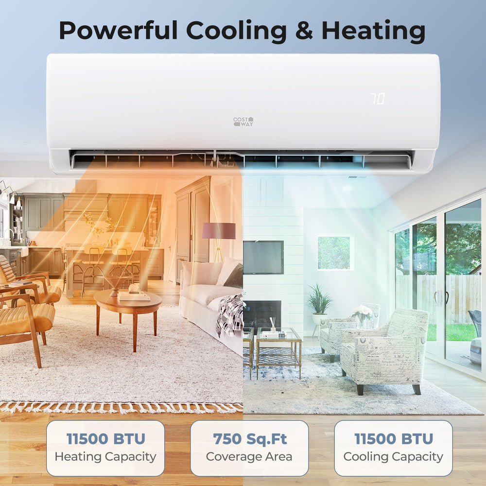 Mini split air conditioner and heater with 11500 BTU, WiFi enabled, for efficient cooling and heating in rooms up to.