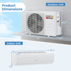 Outdoor and indoor units of the EchoCool Series 11500 BTU Mini Split Air Conditioner with dimensions for installation.