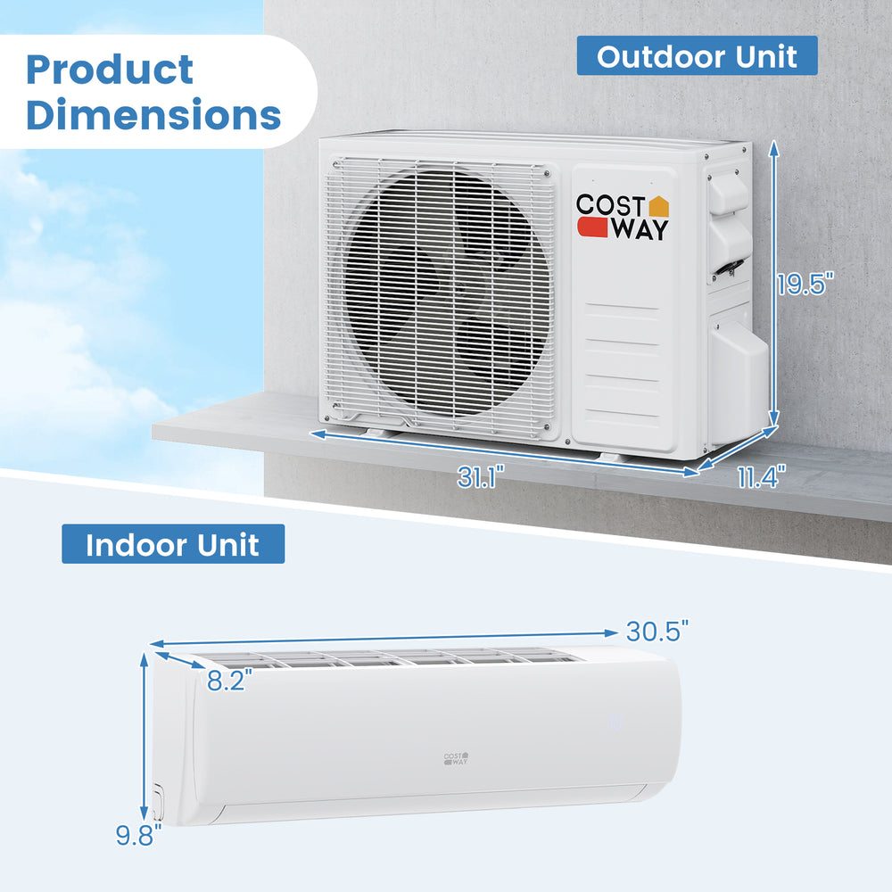 Outdoor and indoor units of the EchoCool Series 11500 BTU Mini Split Air Conditioner with dimensions for installation.
