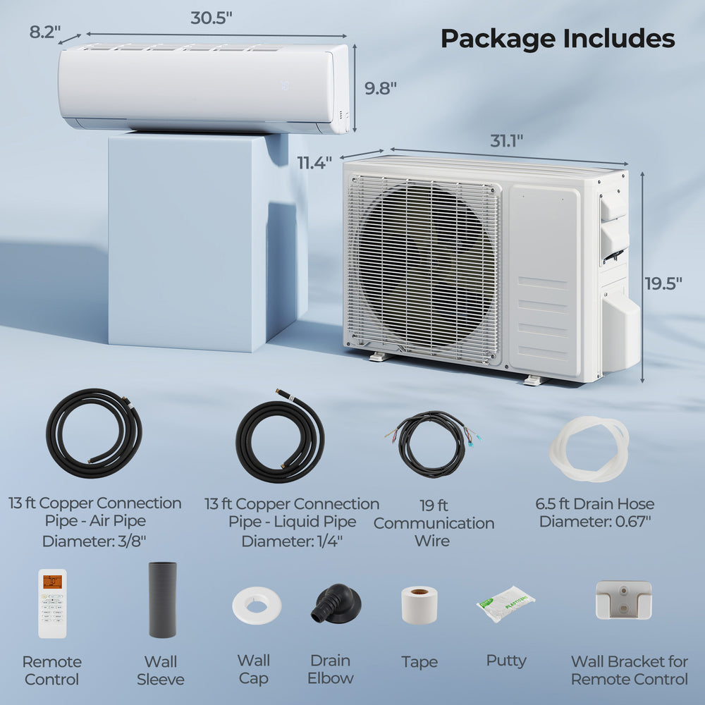 Mini split air conditioner and heater pump system with remote control, designed for efficient cooling and heating up to.