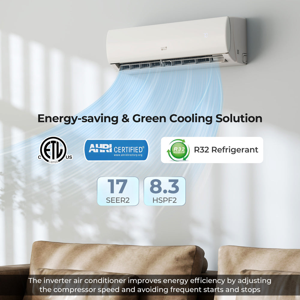 EchoCool Series 11500 BTU mini split air conditioner with R32 refrigerant, designed for efficient cooling and heating.