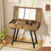 Vanity desk in rustic brown with flip top mirror, large storage, and built-in power outlets for grooming convenience.