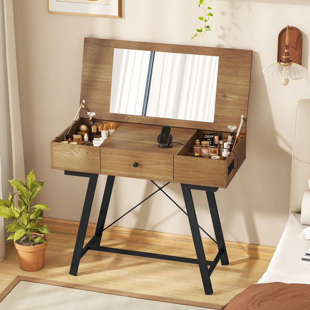 Vanity desk in rustic brown with flip top mirror, large storage, and built-in power outlets for grooming convenience.
