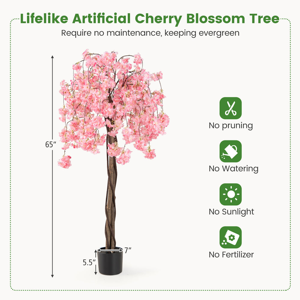 5.5 FT tall artificial cherry blossom tree with pink flowers and drooping design, ideal for weddings and balcony decor.