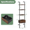 5-tier ladder bookcase in rustic brown with metal frame, featuring 4 shelves and a pull-out drawer for versatile.