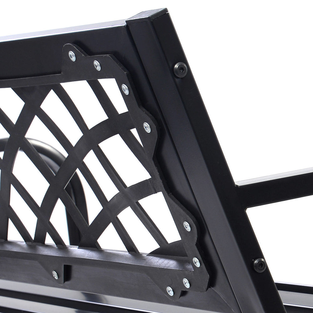 Close-up of the PVC backrest mesh on a steel frame bench deck, designed for outdoor seating.