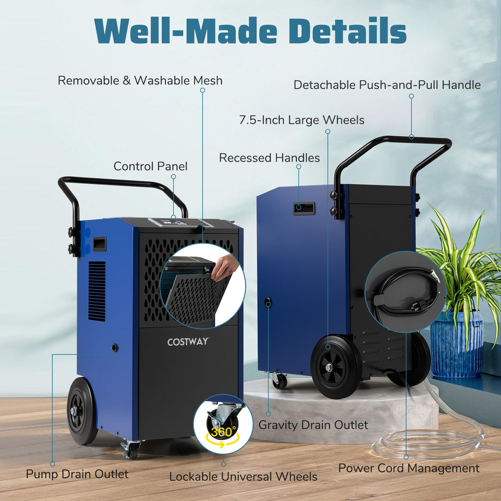 Commercial dehumidifier with pump and drain hoses, featuring a control panel, wheels, and removable filter for easy.
