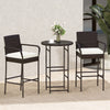Outdoor bar set featuring two cushioned stools and a round table, made of PE wicker for patio relaxation.