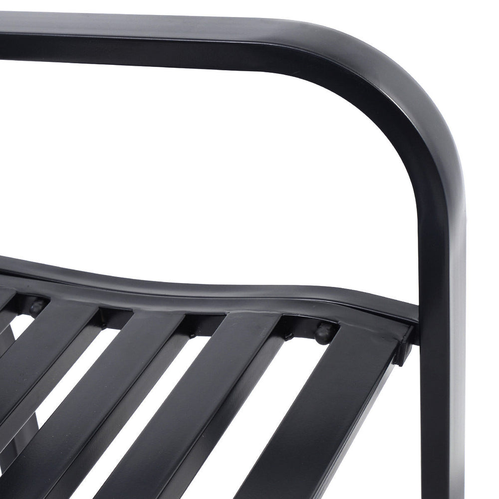 Close-up of the steel frame and PVC backrest mesh of the outdoor bench deck, showcasing its sturdy construction.