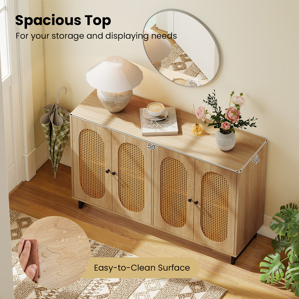 Buffet sideboard cabinet with 4 rattan doors, spacious top, and adjustable shelves for versatile storage and display.