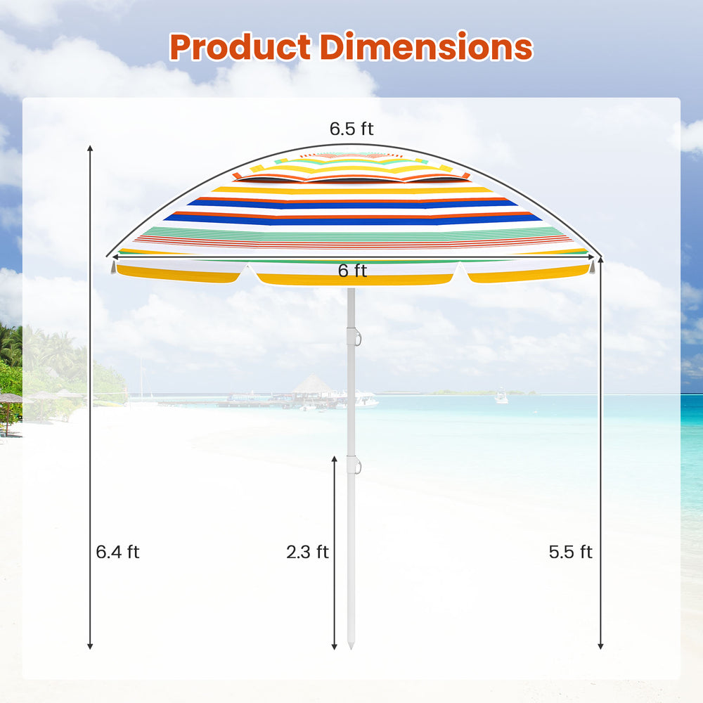 Dimensions of the 6.5 feet beach umbrella with colorful canopy and UPF50+ sun protection for easy setup and transport.