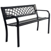 Black steel frame outdoor bench with PVC backrest mesh, sturdy design for comfortable seating. Assembly required.