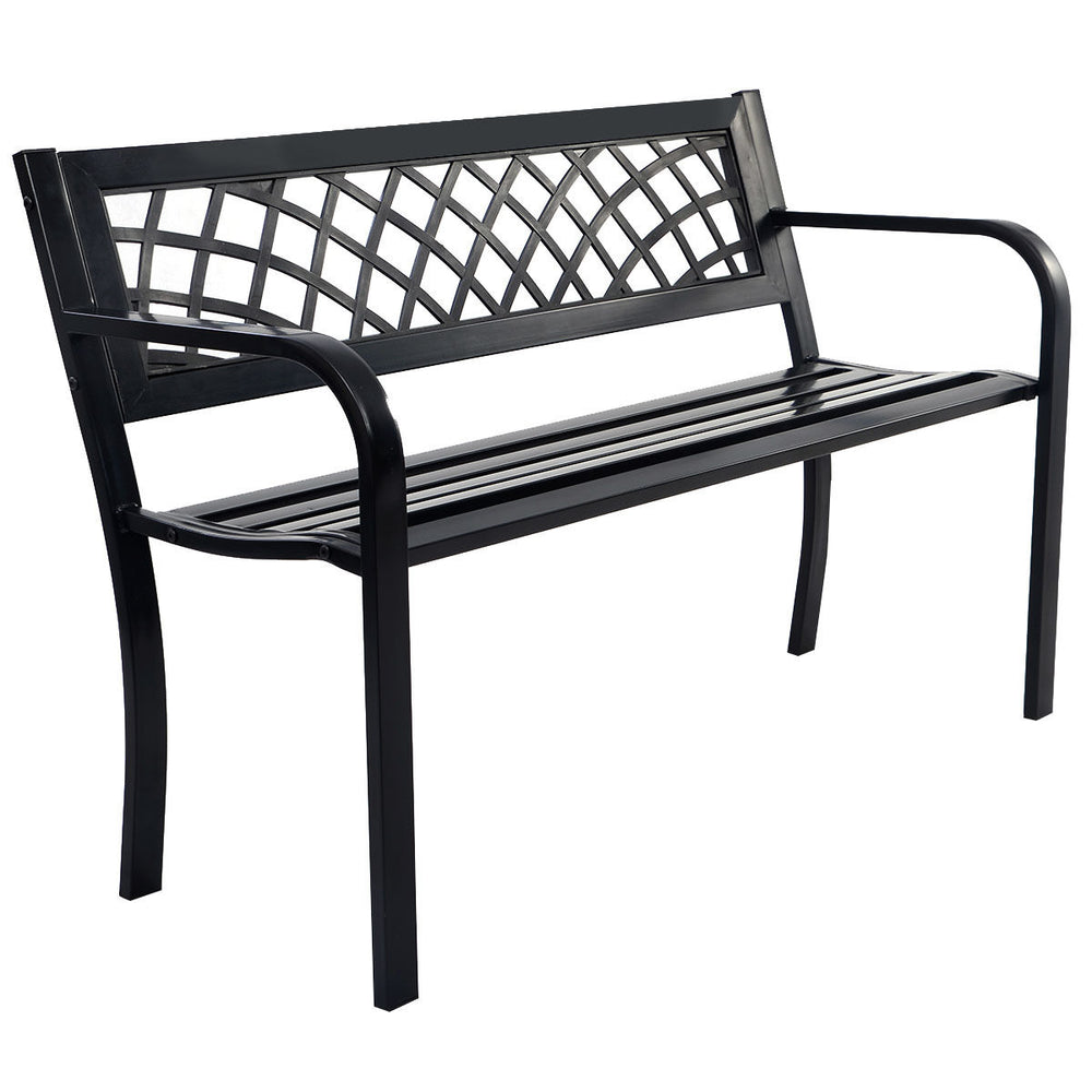 Black steel frame outdoor bench with PVC backrest mesh, sturdy design for comfortable seating. Assembly required.