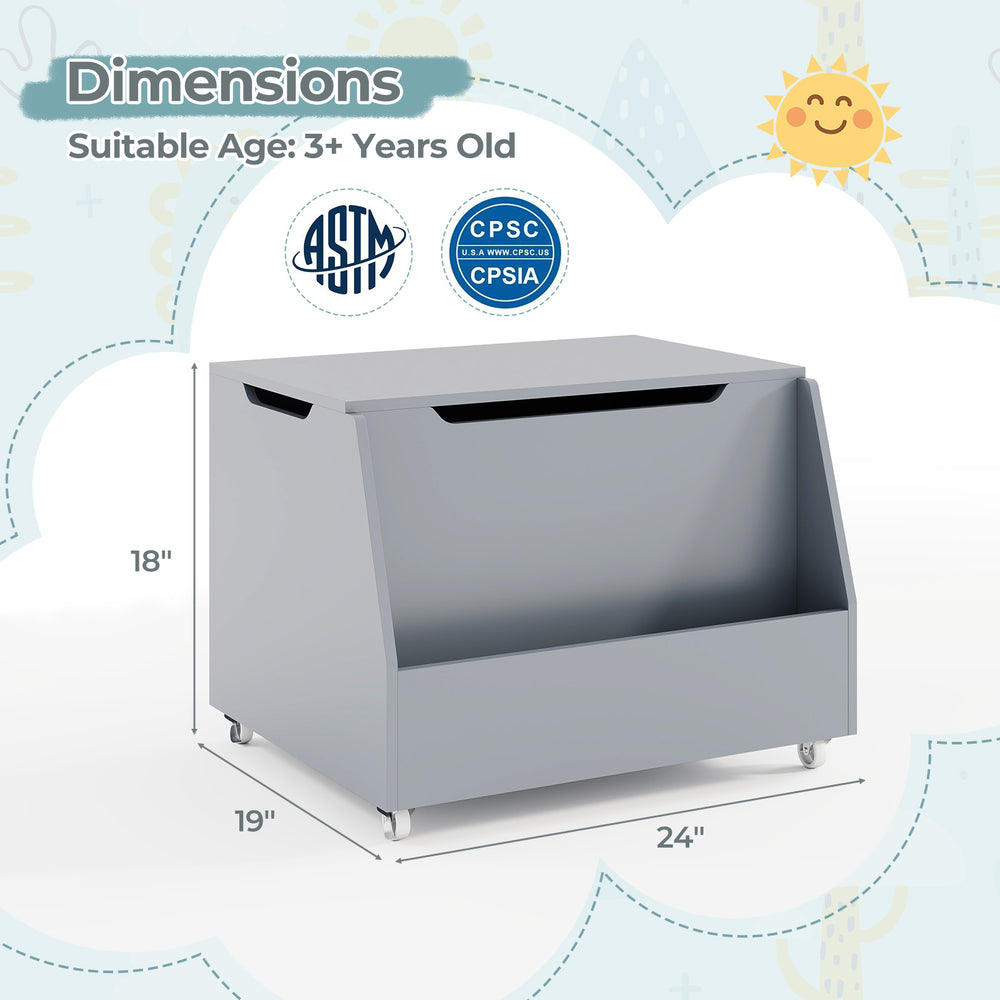 Gray wooden mobile toy storage organizer with a spacious interior and humanized cut-out design, perfect for kids'.