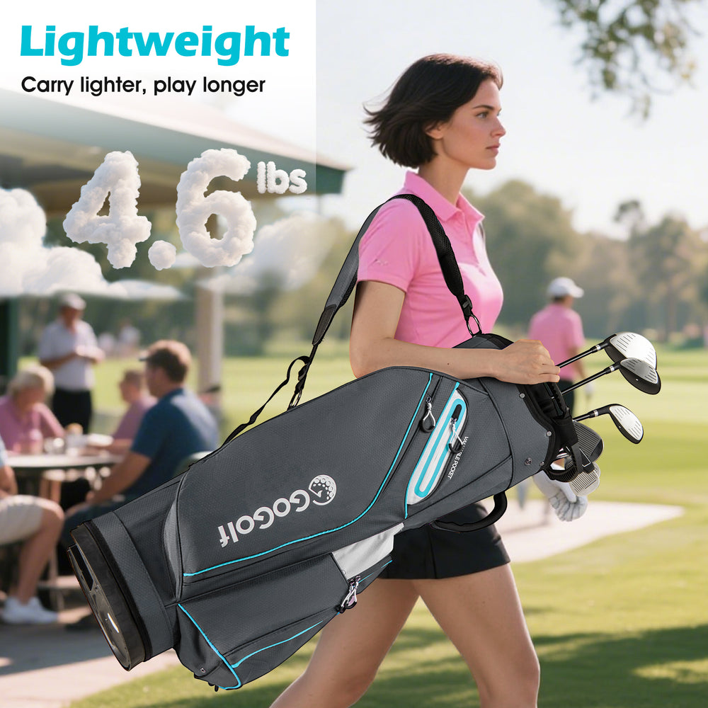 Lightweight gray golf cart bag with 14-way top dividers and 6 zippered pockets for organized club storage.