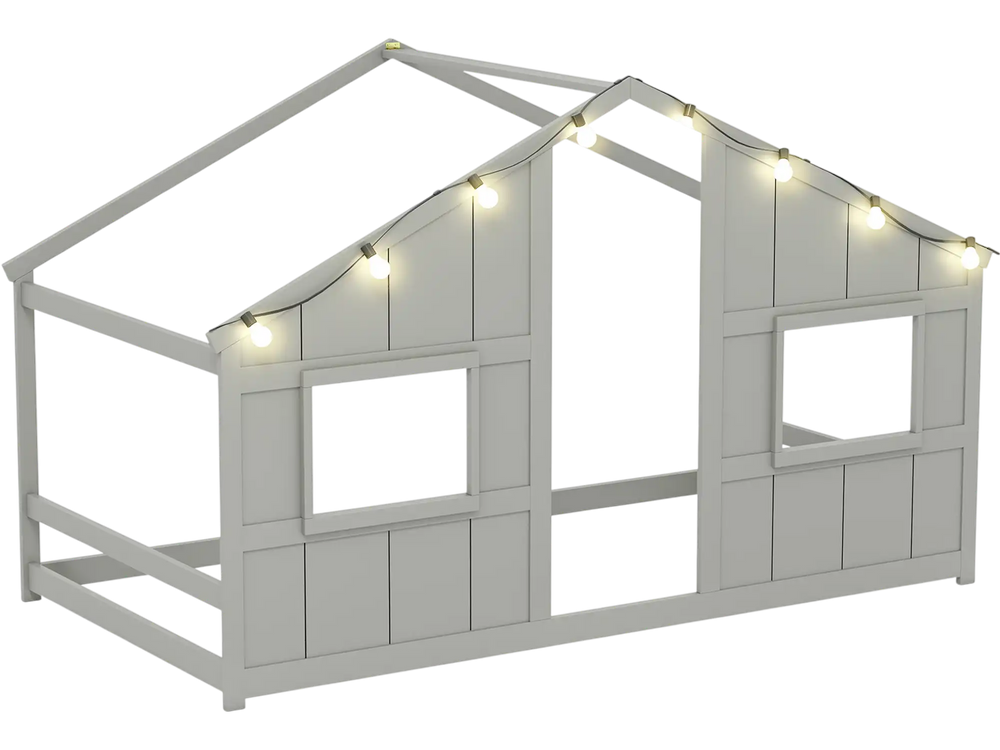 Twin size house bed in grey with LED lights and open windows, perfect for kids' independent sleep and play.
