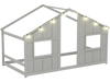 Twin size house bed in grey with LED lights and open windows, perfect for kids' independent sleep and play.