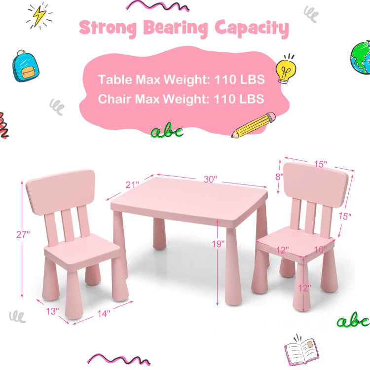 Kids' 3-piece activity table and chair set in pink, featuring ergonomic design and sturdy construction for safe play.