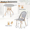 Dimensions of the 3 Piece French Bistro Table Chair Set, featuring a round wicker table and two sturdy chairs.