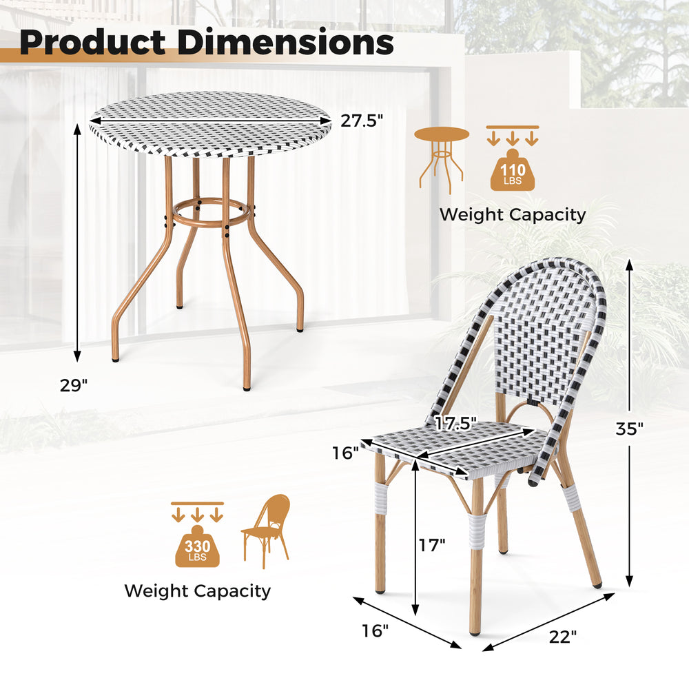 Dimensions of the 3 Piece French Bistro Table Chair Set, featuring a round wicker table and two sturdy chairs.