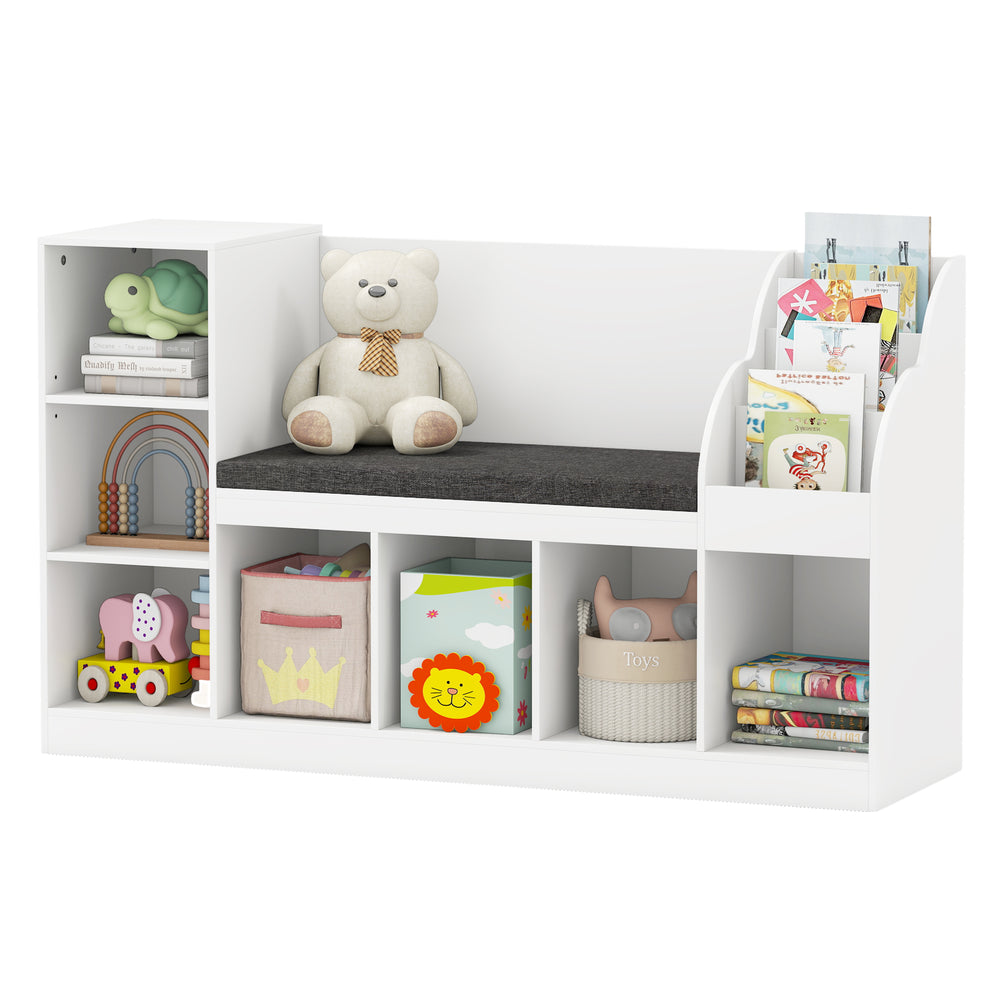 Kids bookcase with reading nook in white, featuring 7 storage cubbies and removable cushion for comfortable seating.