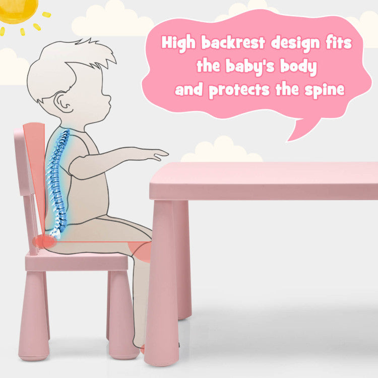 High backrest chair in pink for kids, promoting good posture while seated at the activity table for safe play and.