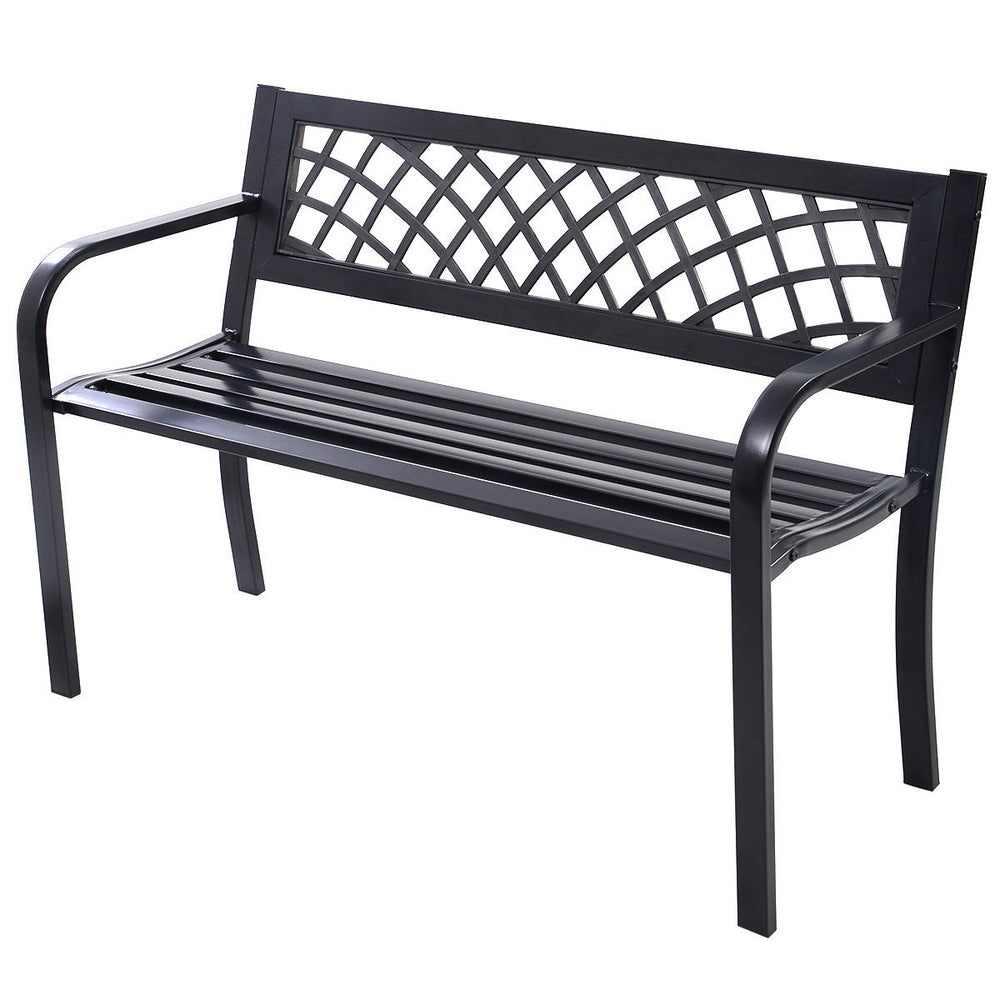 Steel frame outdoor bench with PVC backrest mesh, offering sturdy seating for gardens or patios.