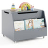 Gray wooden mobile toy storage organizer with bookshelf and lockable wheels, ideal for kids' toys and books.