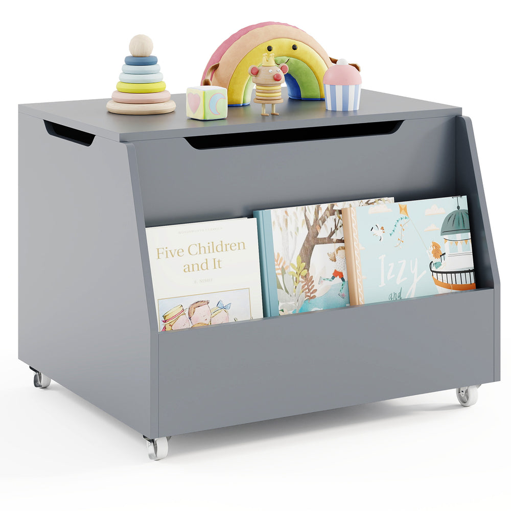 Gray wooden mobile toy storage organizer with bookshelf and lockable wheels, ideal for kids' toys and books.
