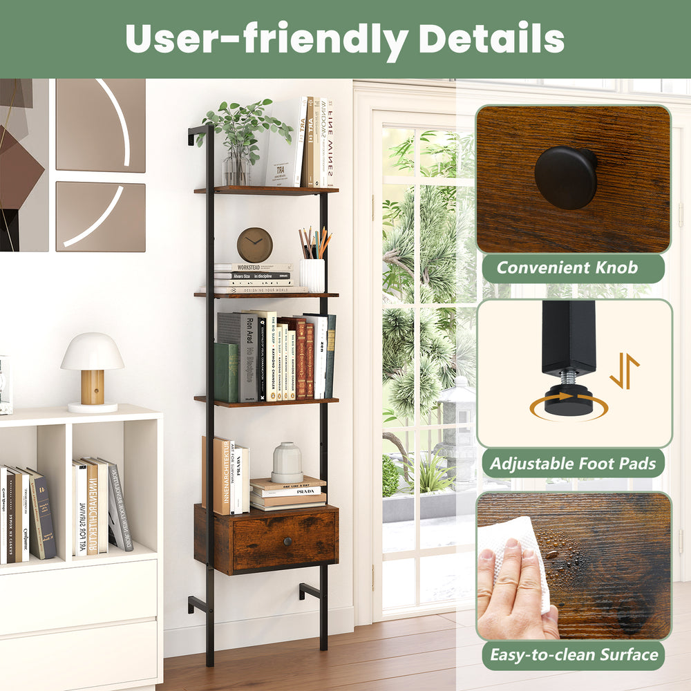 5-tier ladder bookcase in rustic brown with a pull-out drawer, adjustable foot pads, and metal frame for home office.