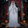 Standing 7.2 FT Halloween animatronic bride with moving head, red flashing eyes, and poseable arms for haunted house.