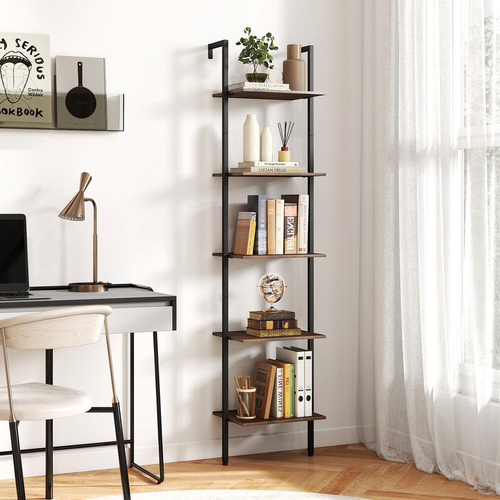 5-tier wall mount ladder shelf in rustic brown, featuring a sturdy metal structure and ample storage for home office.