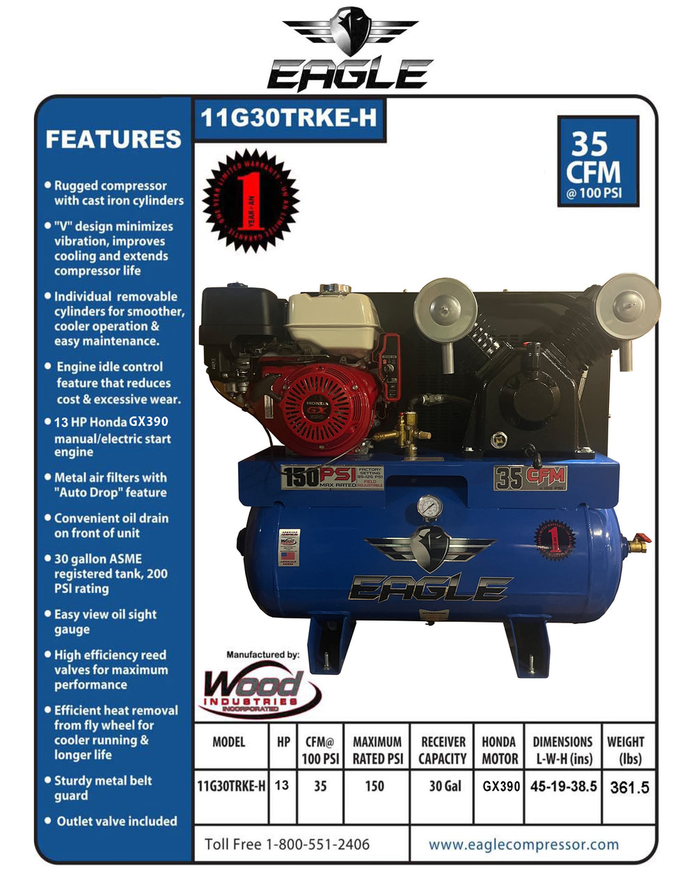 Eagle Truck Mount Air Compressor 150 PSI 30 Gal. 35 CFM 13 HP Honda GX390 Electric Start 11G30TRKE-H New