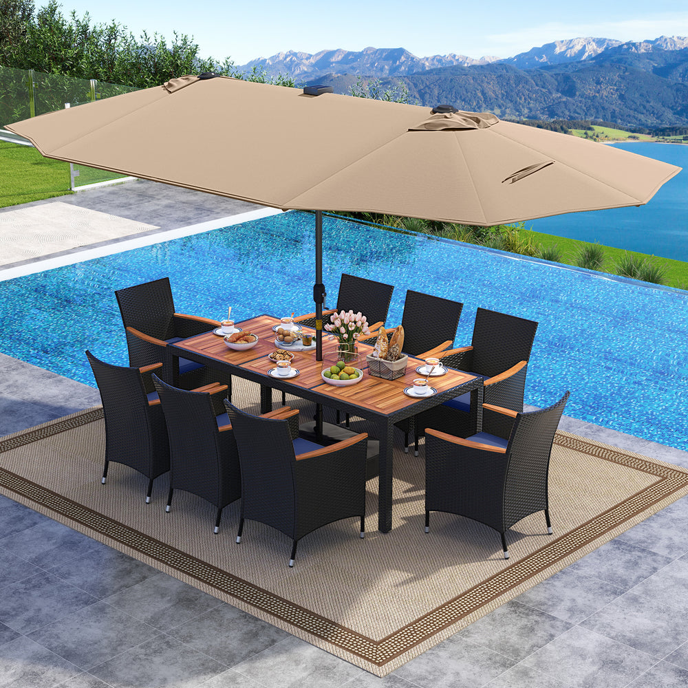 11 Pieces Patio Dining Set with LED Patio Umbrella with Base and Seat Cushions (Navy)-Coffee - Gallery View 1 of 11
