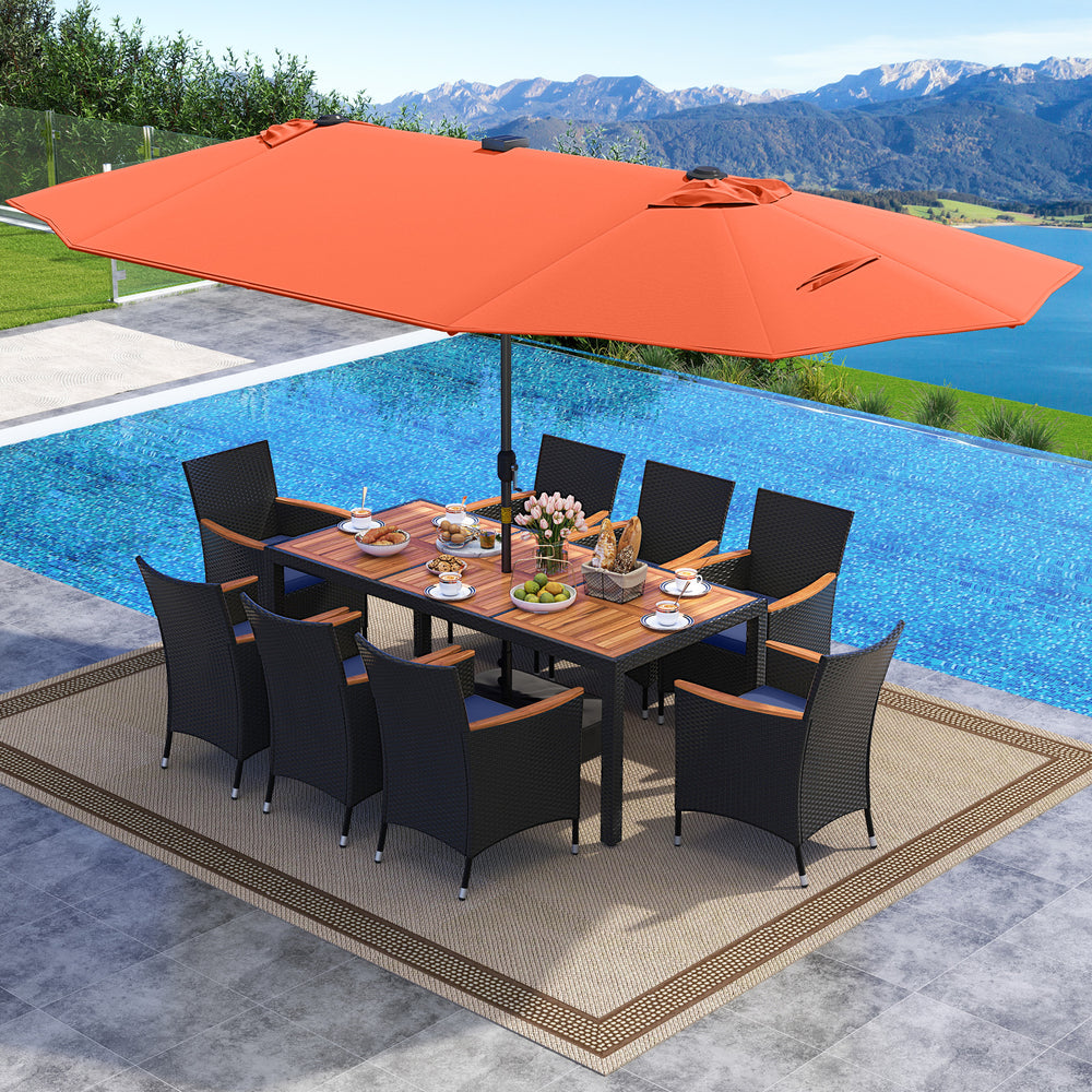 11 Pieces Patio Dining Set with LED Patio Umbrella with Base and Seat Cushions (Navy)-Orange - Gallery View 1 of 11