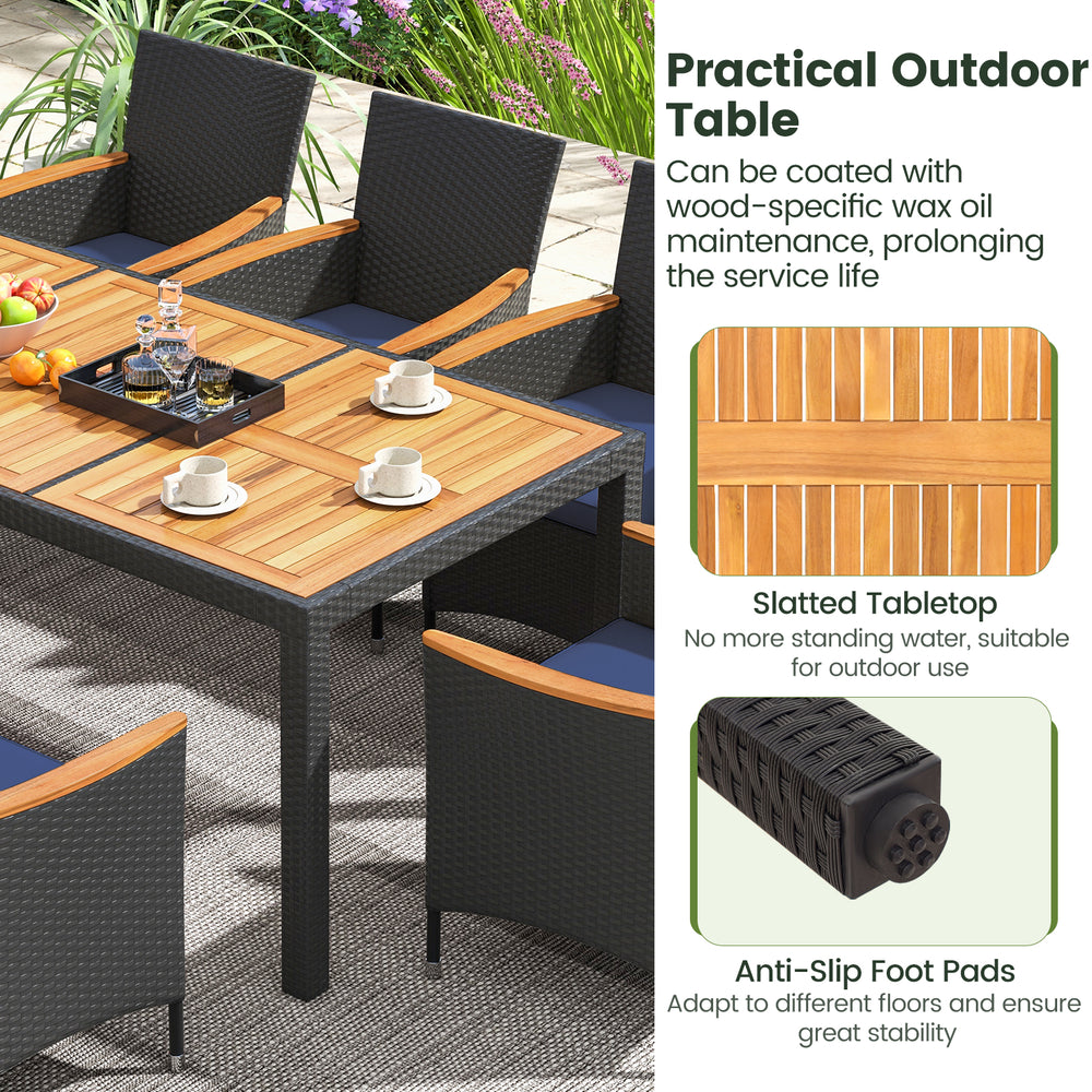 Patio dining table with slatted acacia wood top and anti-slip foot pads, perfect for outdoor dining and stability.