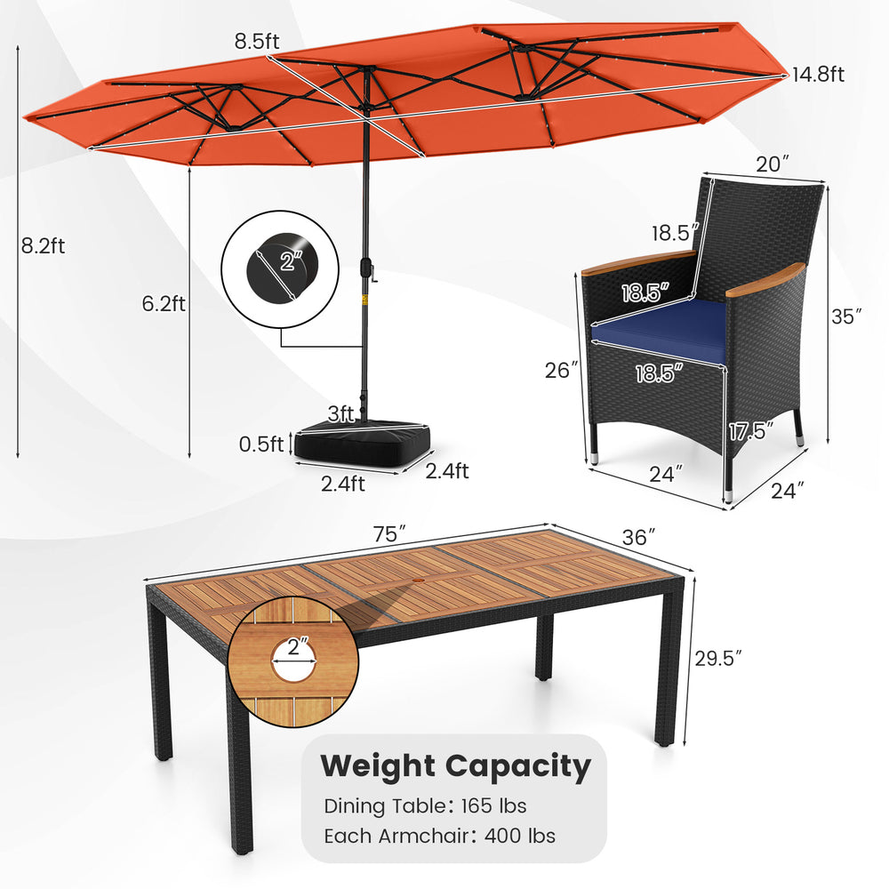 Patio dining set featuring a large acacia wood table, orange LED umbrella, and navy seat cushions for outdoor.