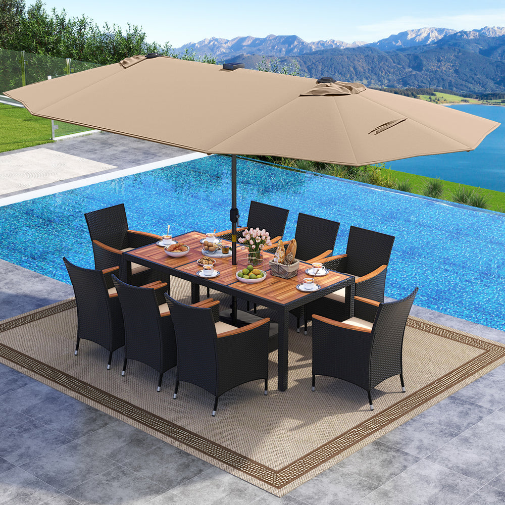 11 Pieces Patio Dining Set with LED Patio Umbrella with Base and Seat Cushions (Beige)-Coffee - Gallery View 1 of 11