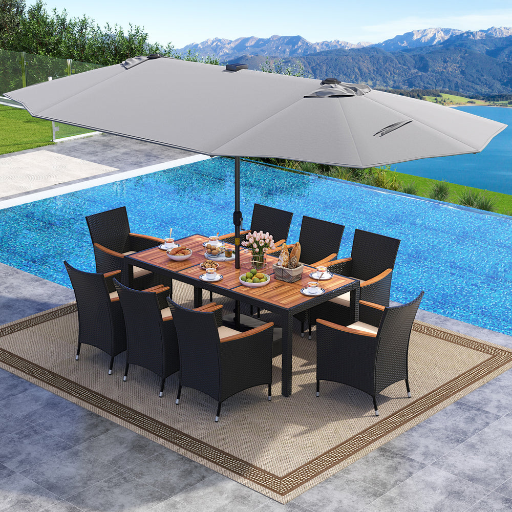 11 Pieces Patio Dining Set with LED Patio Umbrella with Base and Seat Cushions (Beige)-Gray - Gallery View 1 of 11