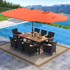Patio dining set featuring an acacia wood table, eight chairs, and a large orange LED umbrella for outdoor gatherings.