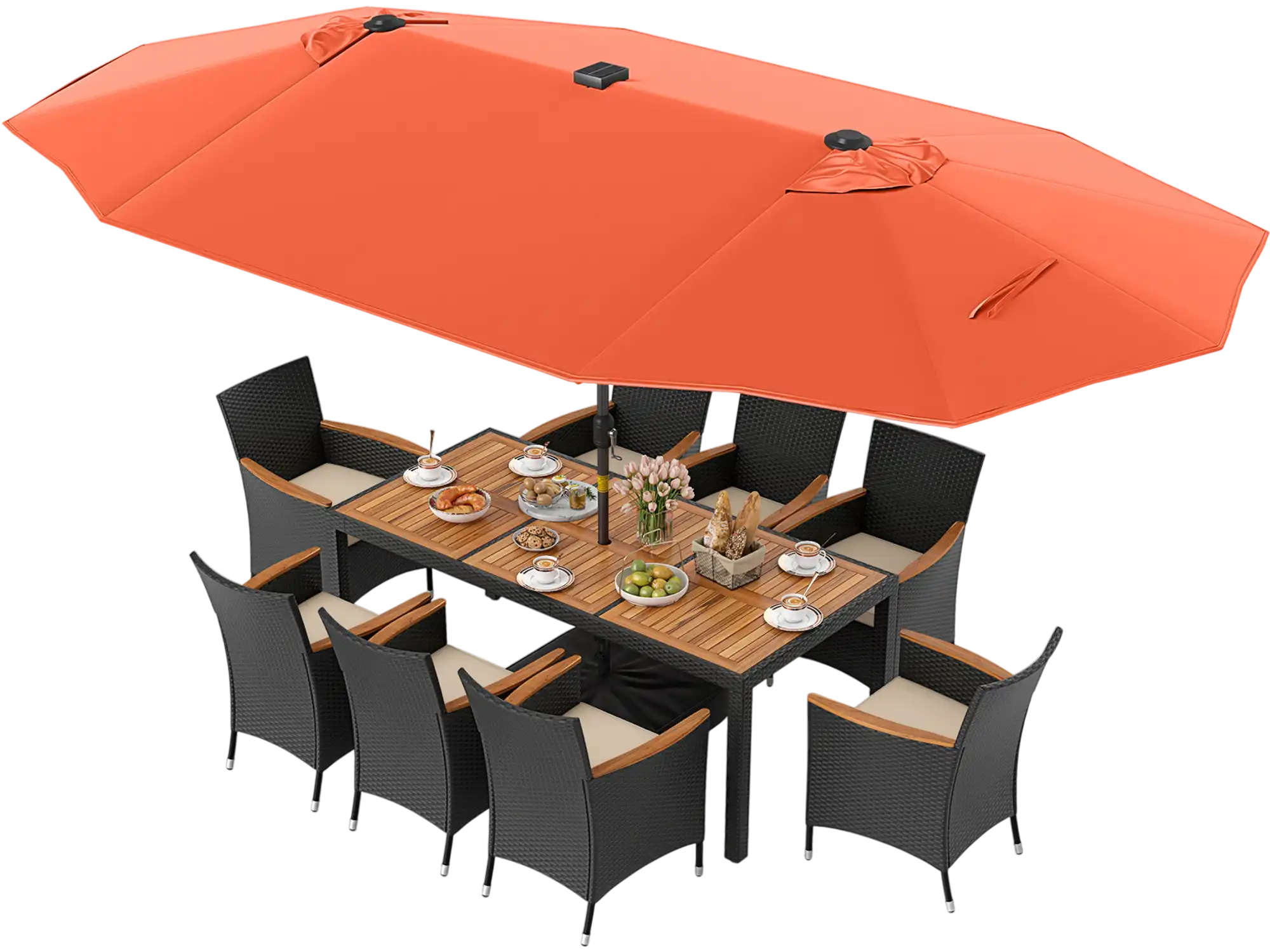 Costway 11-Pc Patio Dining Set w/ LED Umbrella Base Seat Cushions Beige 513627894 New