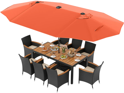 Costway 11-Pc Patio Dining Set LED Umbrella Base Cushions Beige 513627894 New