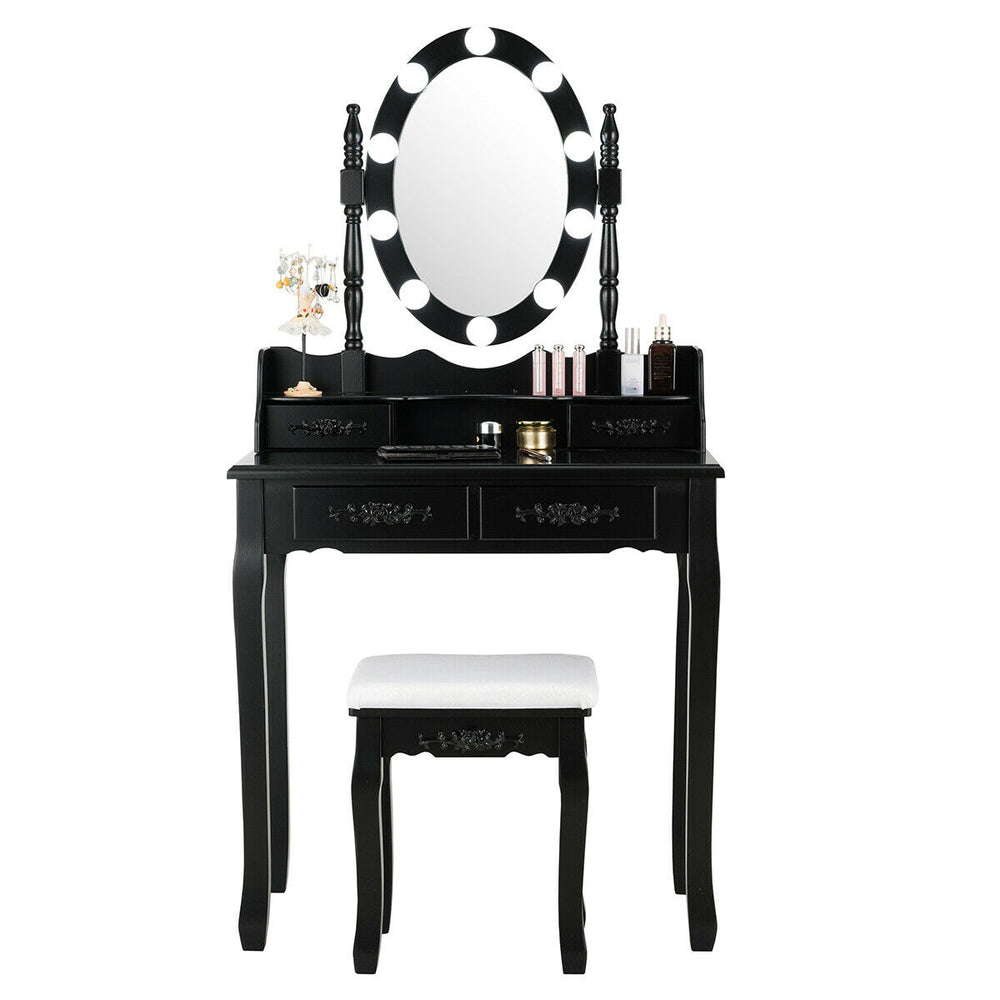 Black cushioned stool with premium sponge filling, designed for comfort and elegance, complements the makeup dressing.