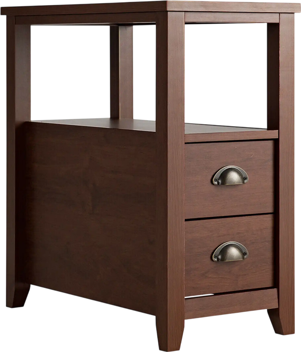 Compact brown end table with two drawers and shelf, featuring rustic metal handles, perfect for bedroom or living room.