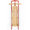 Kids wooden snow sled with metal runners, red frame, and steering bar for easy control and smooth sliding in snow.
