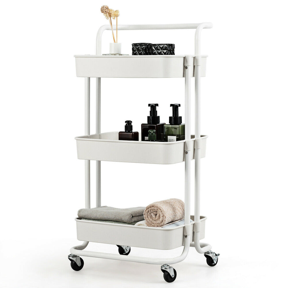 3-tier white utility cart with ABS baskets, ergonomic handle, and lockable wheels for versatile storage solutions.