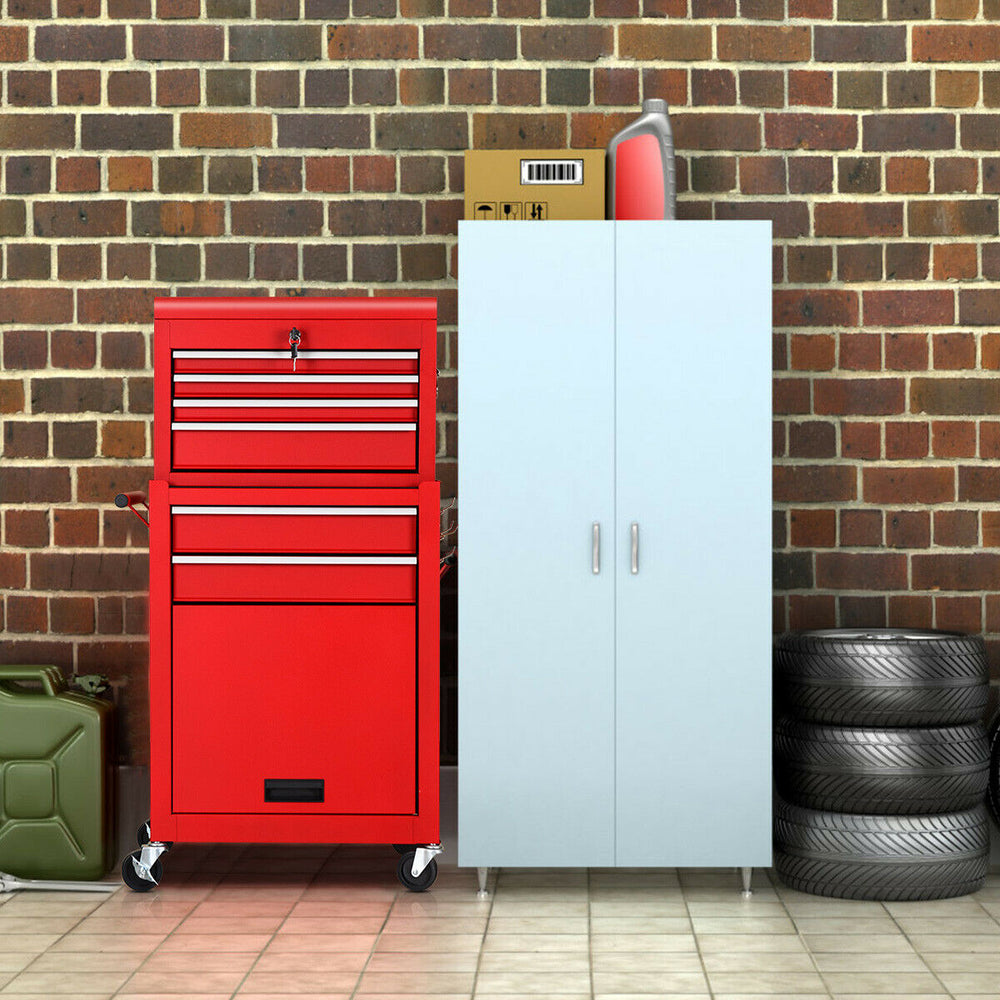 Red rolling cabinet storage chest with slide-out drawers, made of durable steel, ideal for garage organization.