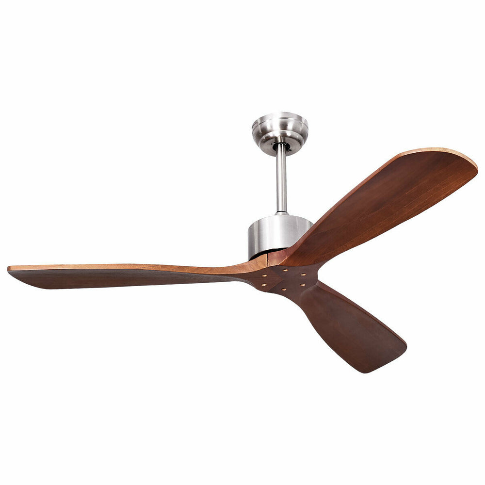 52-inch ceiling fan with brushed nickel finish and solid wood blades, featuring remote control for adjustable speeds.